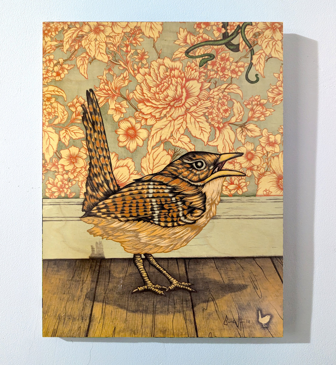Wren (wood print | natural background) – Art by Tom Wrenn