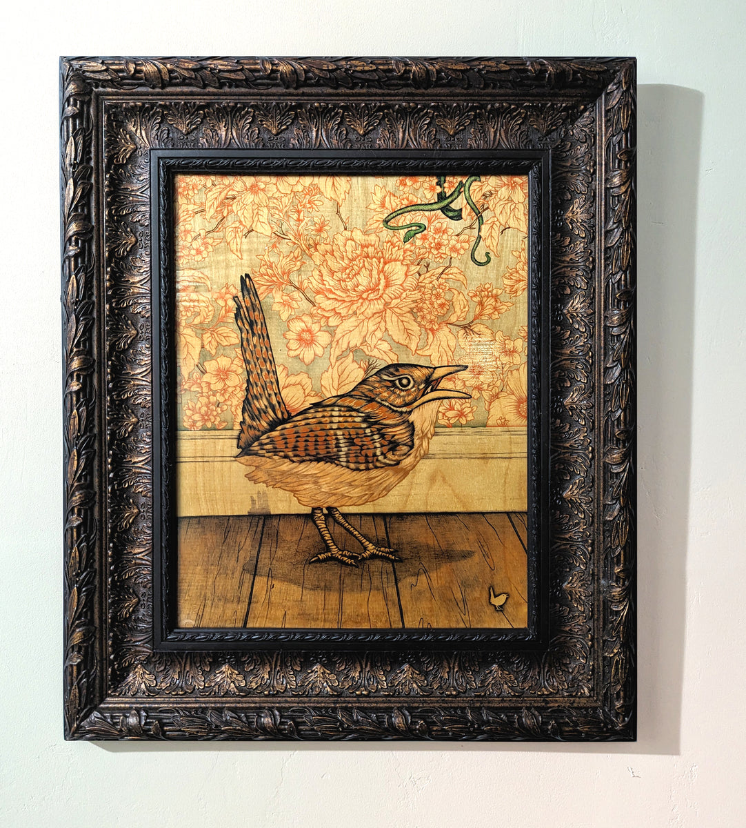 Wren (wood print | natural background) – Art by Tom Wrenn