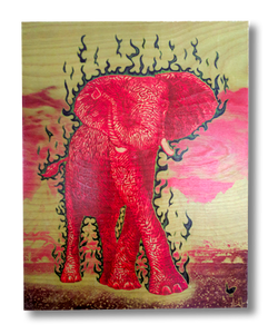The Luck Elephant (wood print | red orange on a purple and mint background)