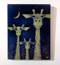 Giraffe (wood print | green on blue background)