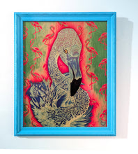 Flamingo! (wood print | blue on pink and green background)