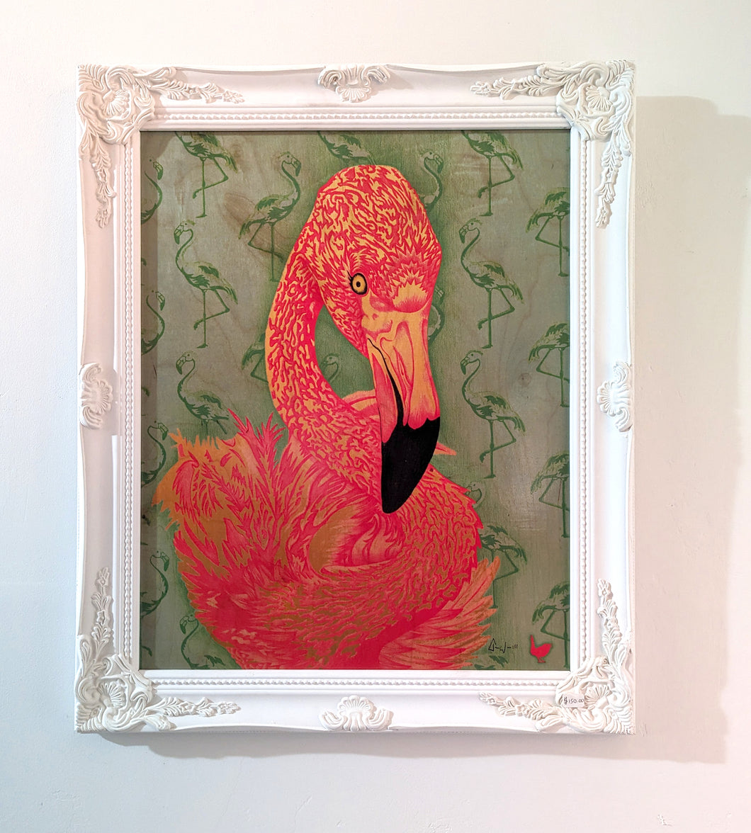 Flamingo! (wood print | pink on green background)