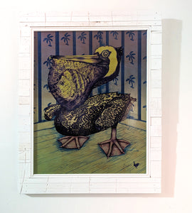 Pelican (wood print | purple and green background)