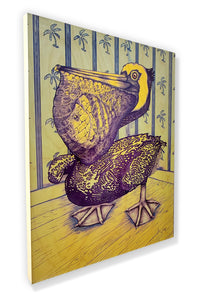 Pelican (wood print | blue and yellow background)