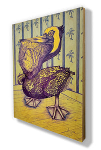 Pelican (wood print | blue and yellow background)