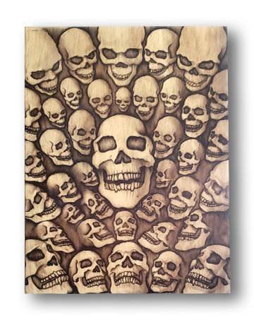 40 Skulls (wood print | black on a wood background) – Art by Tom Wrenn