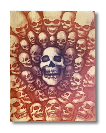 40 Skulls (wood print | purple and orange background)