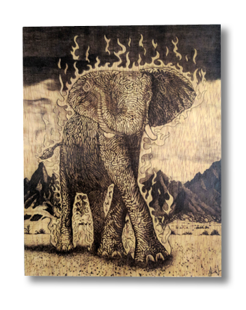 The Luck Elephant (wood print | black on a wood background)