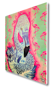 Flamingo! (wood print | blue on pink and green background)