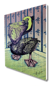 Pelican (wood print | purple and green background)