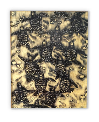 Baby Sea Turtles (wood print | black on a wood background)