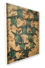 Baby Sea Turtles (wood print | green on a brown background)