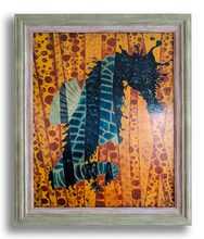 Fragmented Seahorse (wood print | blue on a yellow background)