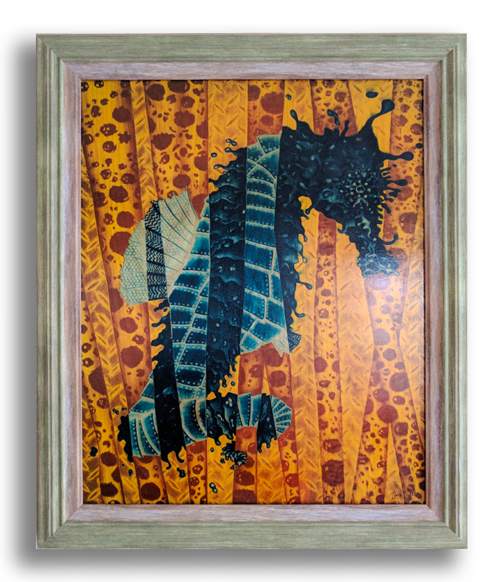 Fragmented Seahorse (wood print | blue on a yellow background)