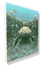 Manatee (wood print | green on a blue background)