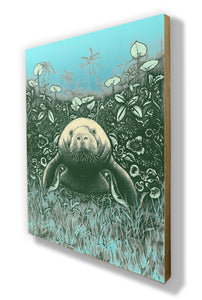 Manatee (wood print | green on a blue background)