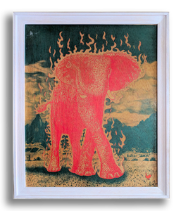 The Luck Elephant (wood print | orange on a blue and mustard background)