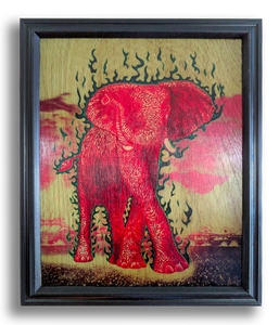 The Luck Elephant (wood print | red orange on a purple and mint background)